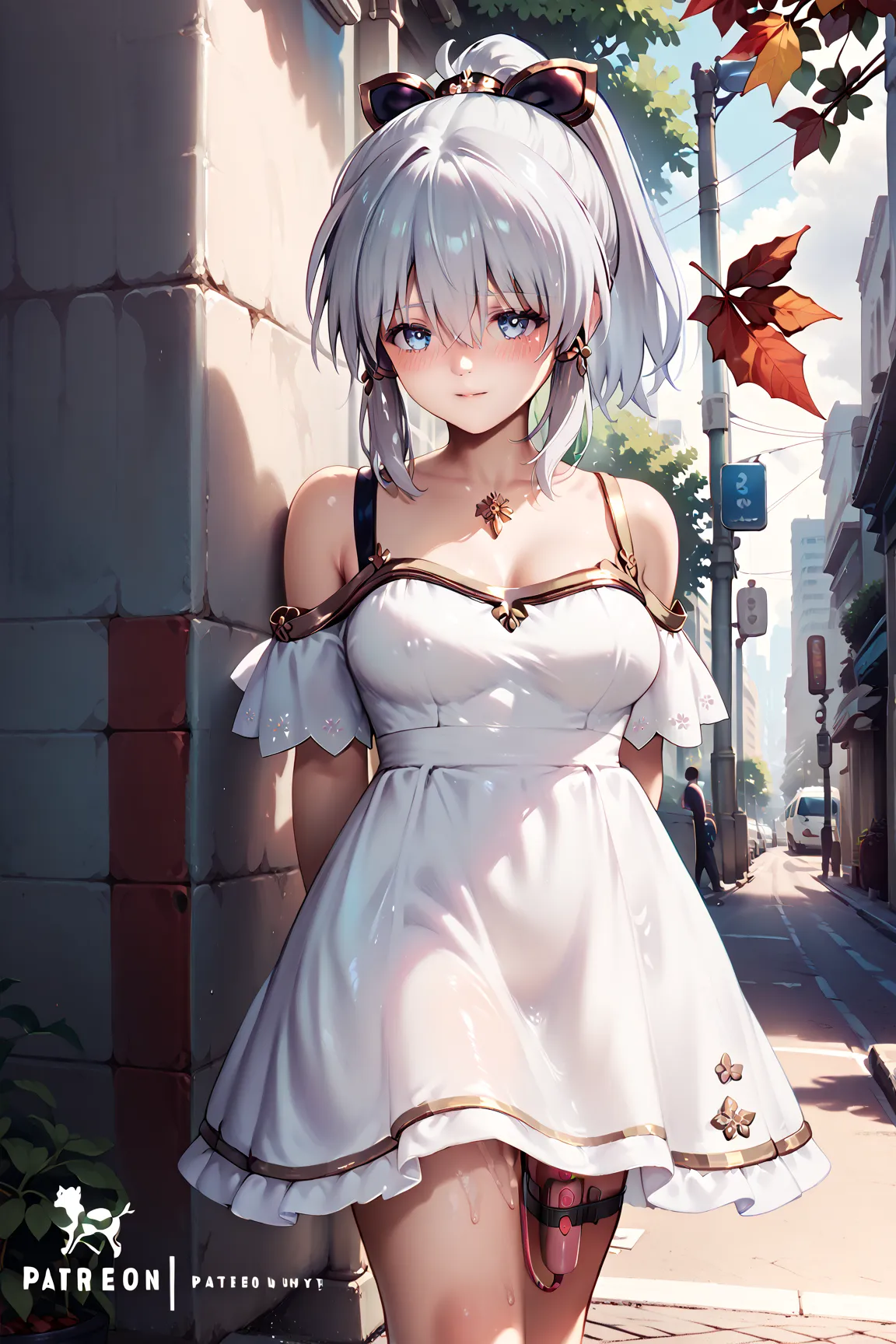 1 woman、 silver hair ponytail
A rich contrast、 Extremely High Quality 、8k、Very Delicate CG Unit、Wallpaper Ultra Wide Angle、1woman,small eyes,bangs between eyes,medium breasts,
White dress,off shoulder dress,city,street,trees,maple tree,red leaf,fall,
looki...