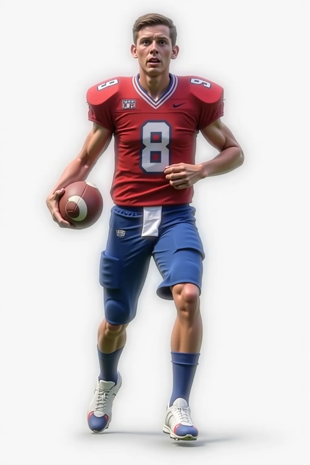 Generate a realistic image of a boy of about 20 
Years playing football in an American high school. He must wear a football uniform with a visible number,the 8 is of the American flag, but without a helmet. The image must show the boy in full length,  from...