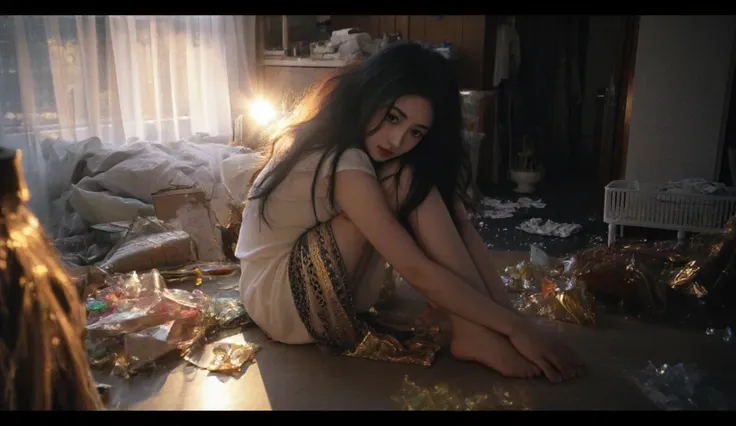 /imagine prompt: A cinematic photograph of an ulzzang girl with long, wavy black hair, sitting on the floor surrounded by shimmering, iridescent wrapping papers and vintage clutter. She looks thoughtful, her expressive eyes reflecting the soft golden light...