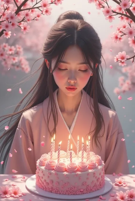 Japanese woman with long black hair blowing candles on a pink cake with cherry blossoms