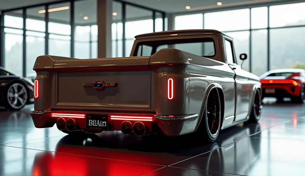 "A realistic, high-quality image of a modern pickup truck seen from the back right side  , resembling a 1959 concept Chevrolet bil air vintage pickup truck. The car is creany and shiny paint and a sleek, aerodynamic design. It has four large, round exhaust...