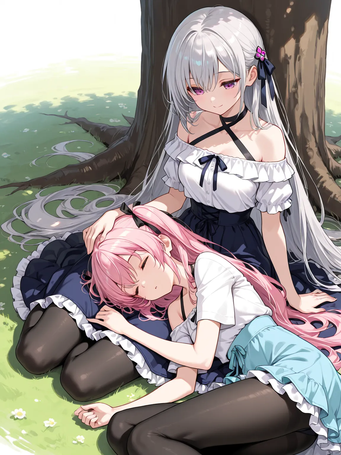 (masterpiece, best quality, extremely detailed), 
2girls, silver hair, very long hair, purple eyes, dress layered dress, frills, hair ribbon, black pantyhose, sleeping, lap pillow, under tree, pink hair, very long hair, pink eyes, off-shoulder white shirt,...