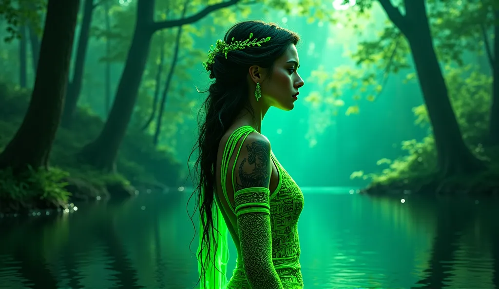 Close beautiful sexy woman dressed in neon green hieroglyph, Neon dress suit tattoo on fairytale land in the calm forest lake, neon green aura coming out of it, neon green energy coming out of it, Neon green soul coming out of it, Mato Temple
