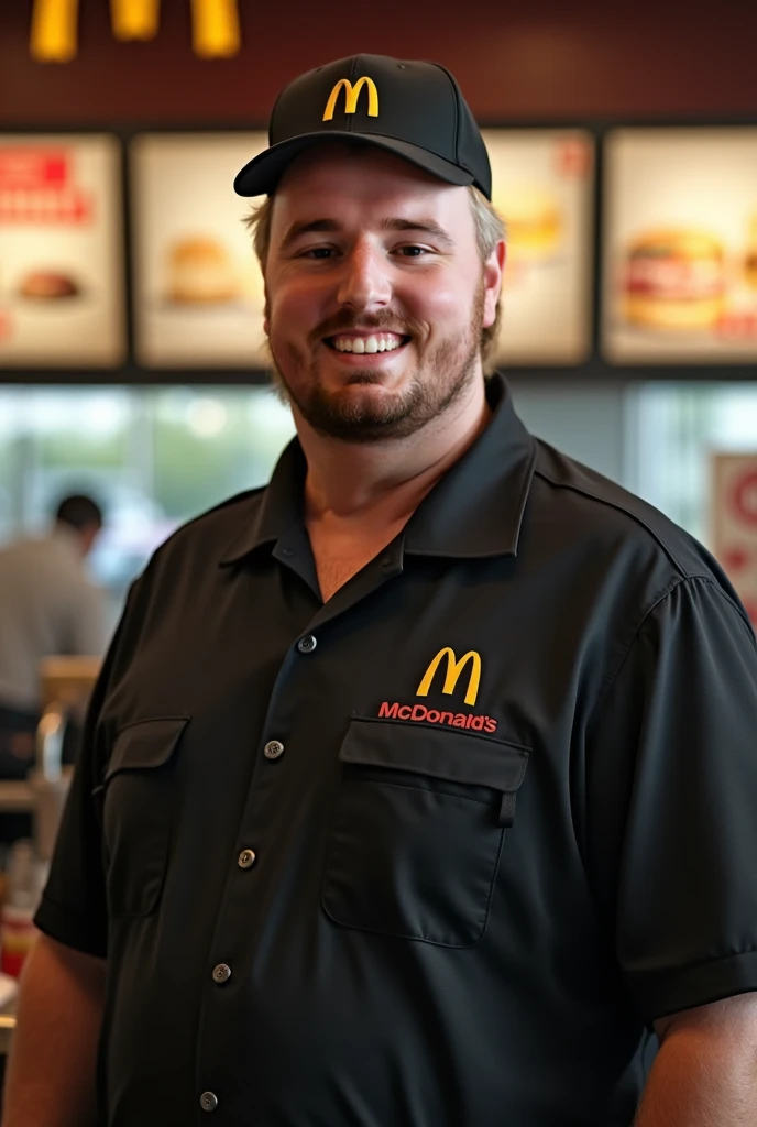 ((man)), photorealistic, blond hair,fshirt, black shirt, uniform, black pants, pants, cap,McDonaldsUniform,store background, ((20 lbs over his weight))