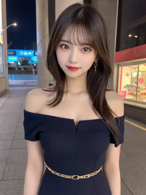 Full body:1.9, Highest quality, shape, Very detailed, finely, High resolution, 8k wallpaper, perfect dynamic shape, Beautiful and beautiful eyes, Body up:1.9,(Outfits are off-shoulder dress:1.9,　Straight hair,Small breasts、Natural Color Lip, Bold sexy pose...