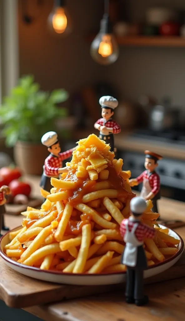 "A photorealistic image of a traditional Canadian dish — poutine. A mountain of crispy french fries, covered in melted cheese and thick brown gravy, stands on a wooden kitchen surface. Around miniature chefs in checkered shirts, white aprons and chef's hat...