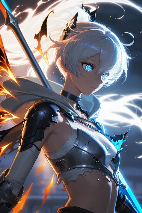 Anime illustration, cinematic background, extremely detailed background, backlighting, backlit, cold light, colorful, light reflection, solo, 1girl, ( upper body shot, close up shot:1.2), asymmetrical armor, detailed skin, extremely detailed eyes, dynamic ...