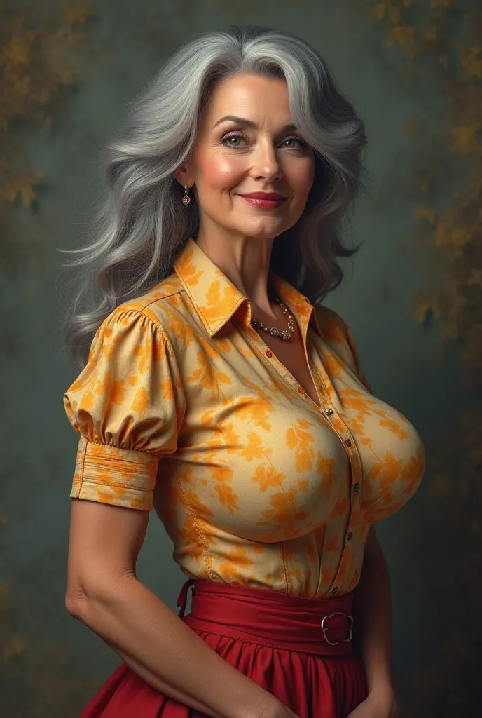  a beautiful matron woman with abnormally huge round breasts , ((( slim body))), nice smile, flared skirt vibrant dress shirt, long gray hair,  realistic profile view , looking directly into the camera,  your breasts are huge, Bulging, and rounded profile 