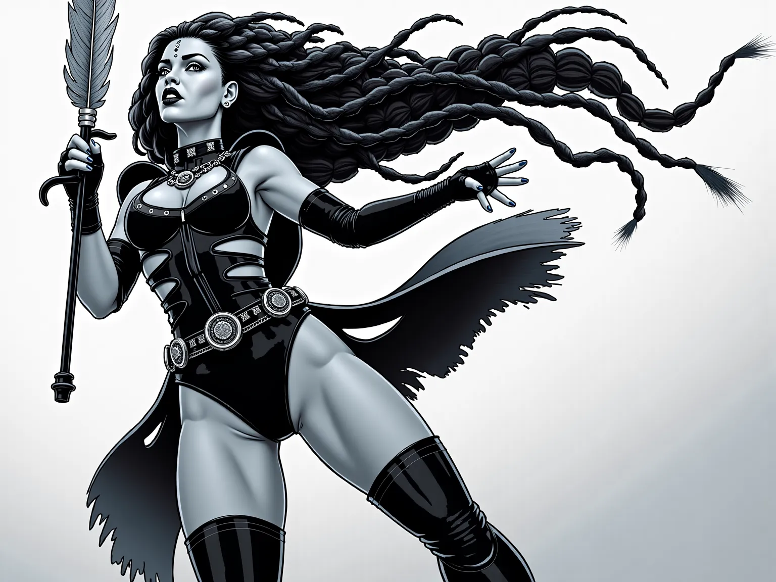 Comic book style, side view,  standing tall, her silver-gray eyes locked forward, lunges in with a brutal running knee, aiming straight for the ribs.
Height: 5'10" | Build: Toned, lean, and deceptively strong.

Hair: Long, flowing black hair, usually style...