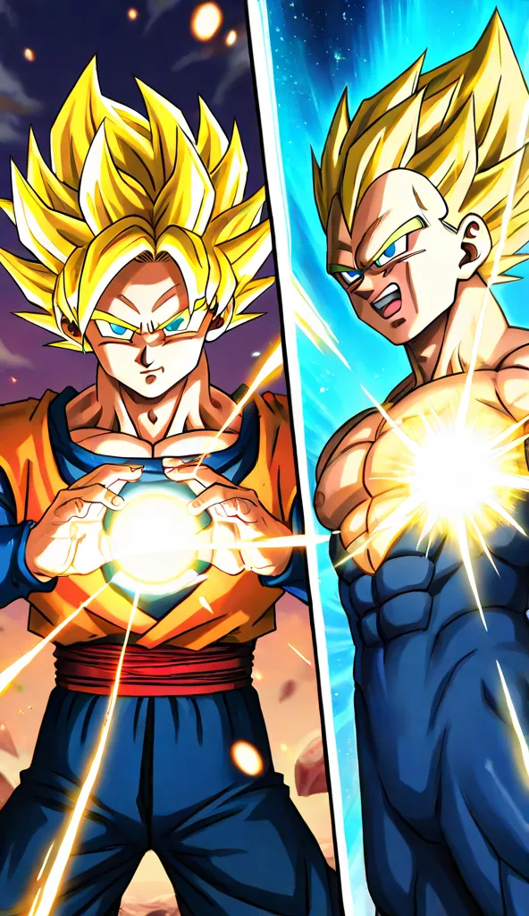 "A hyperdynamic 3D scene full of energy, mostrando vegeta e Goku em um confronto épico e explosivo. vegeta, in its Super Saiyan Blue form, has an expression of fierce determination, eyes shining brightly as you channel a powerful energy sphere into your ha...