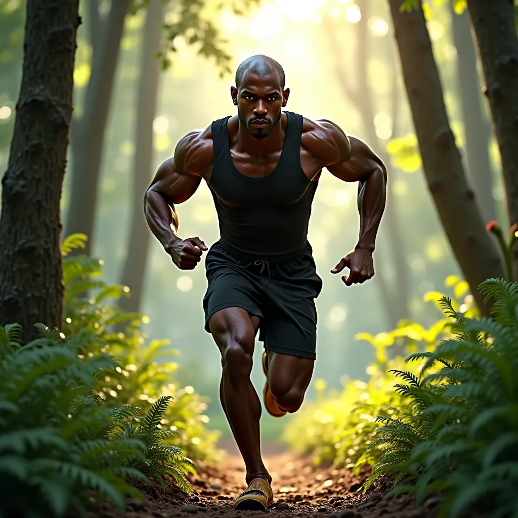 black young man with bald head, average looking, running in the woods.