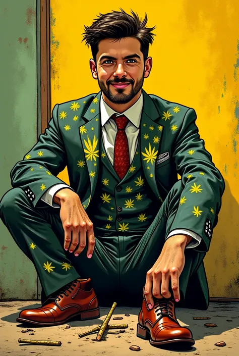 Create a comic book style image on the following text Young people, Now released, they smile and thank Rastacuando. One of them throws a joint on the floor and crushes it with his foot. That Rastacuando wears a suit with a marijuana leaf print and with the...