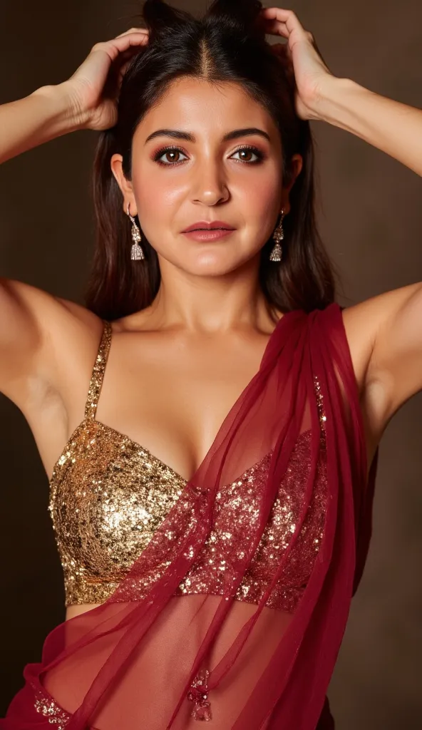 Generate a close up front image of a woman in a maroon semi transparent sleeveless saree. The blouse is golden colour with mirror sequins. It has no sleeves and has a golden satin finish with off shoulder spaghetti strap. One of the straps of the blouse is...