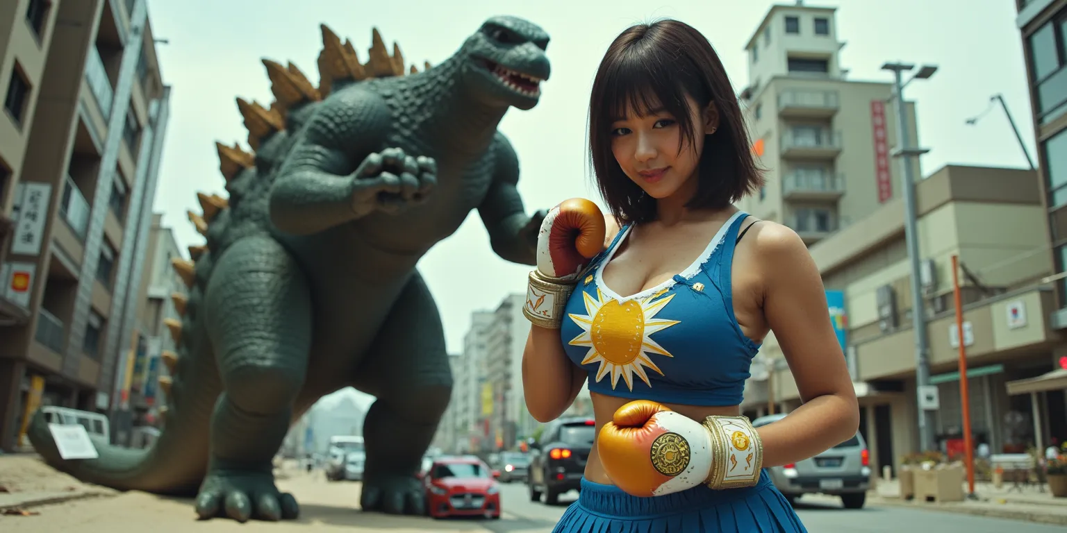 A 300 foot tall woman in a tattered blue cheerleader outfit  (cute, Asian, age 25, short hair shoulder length, battered and bruised, Mystical Golden Sun on her chest, cute boxing gloves with golden Sun symbol) is battling A Godzilla Kaiju (300 feet tall, m...