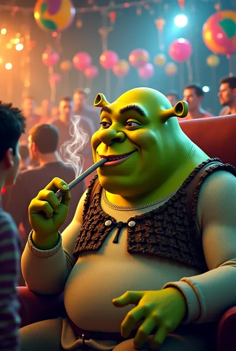 Shrek at a party while smoking joint