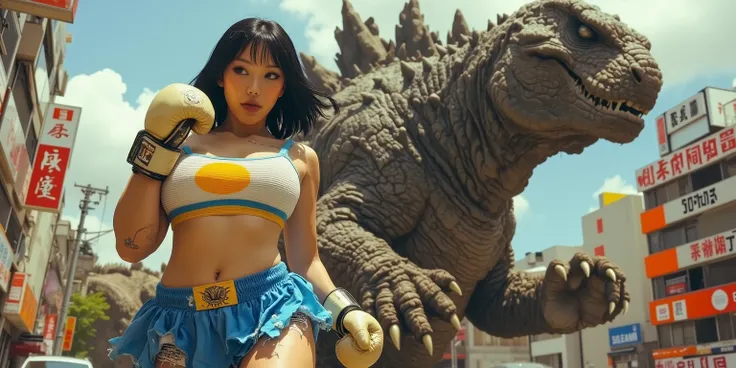 A 300 foot tall woman in a tattered blue cheerleader outfit  (cute, Asian, age 25, short hair shoulder length, battered and bruised, Mystical Golden Sun on her chest, cute boxing gloves with golden Sun symbol) is battling A Godzilla Kaiju (300 feet tall, m...