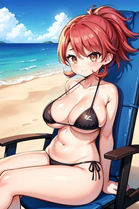 "  a 40-year-old woman  , Anime Style, big eyes, Big boobs with red hair tied in a high ponytail, In red 2-piece Vikini on the beach sitting on a beach chair in the sand with the sea in the background, enjoying the sun .   Her posture is relaxed , very con...