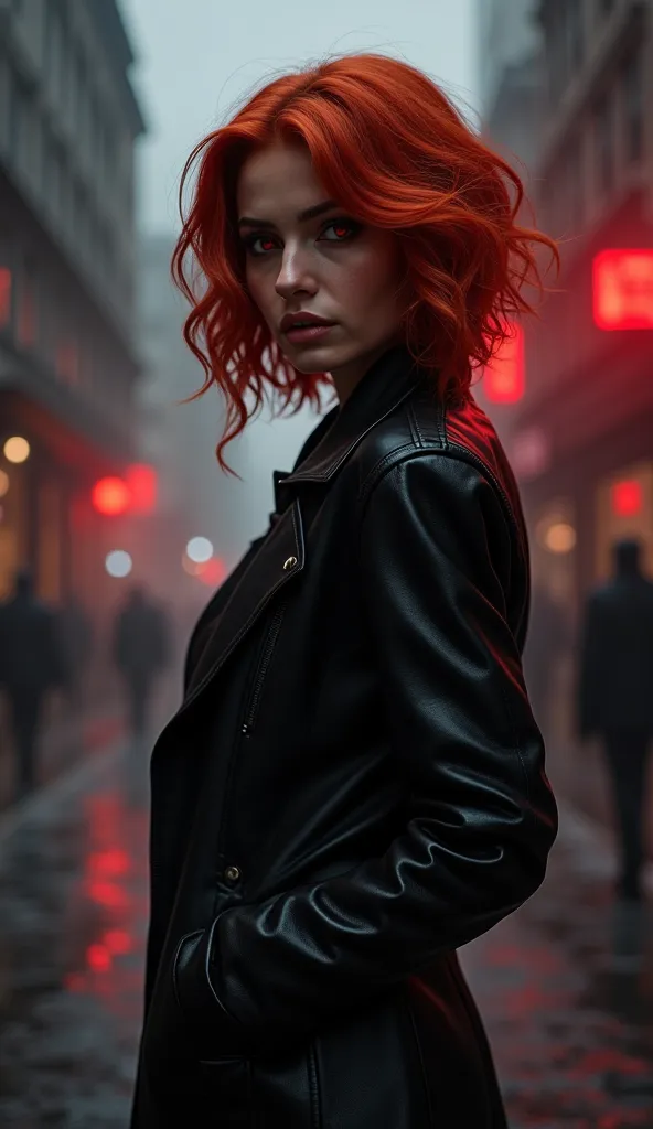 A tall woman in her 30s, beautiful, seductive and mysterious, a woman who has red eyes , red hair and elegant haircut , very feminine curvy model appearance.  In a dark and cloudy environment .  with a black leather jacket . And a red and mysterious aura t...