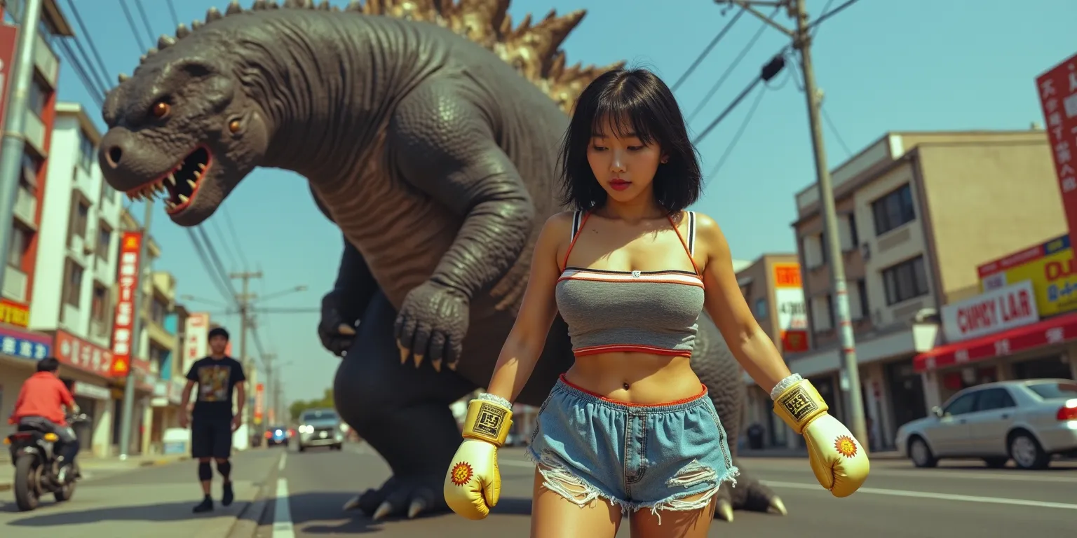 A 300 foot tall woman in a tattered blue cheerleader outfit  (cute, Asian, age 25, short hair shoulder length, battered and bruised, Mystical Golden Sun on her chest, cute boxing gloves with golden Sun symbol) is battling A Godzilla Kaiju (300 feet tall, m...