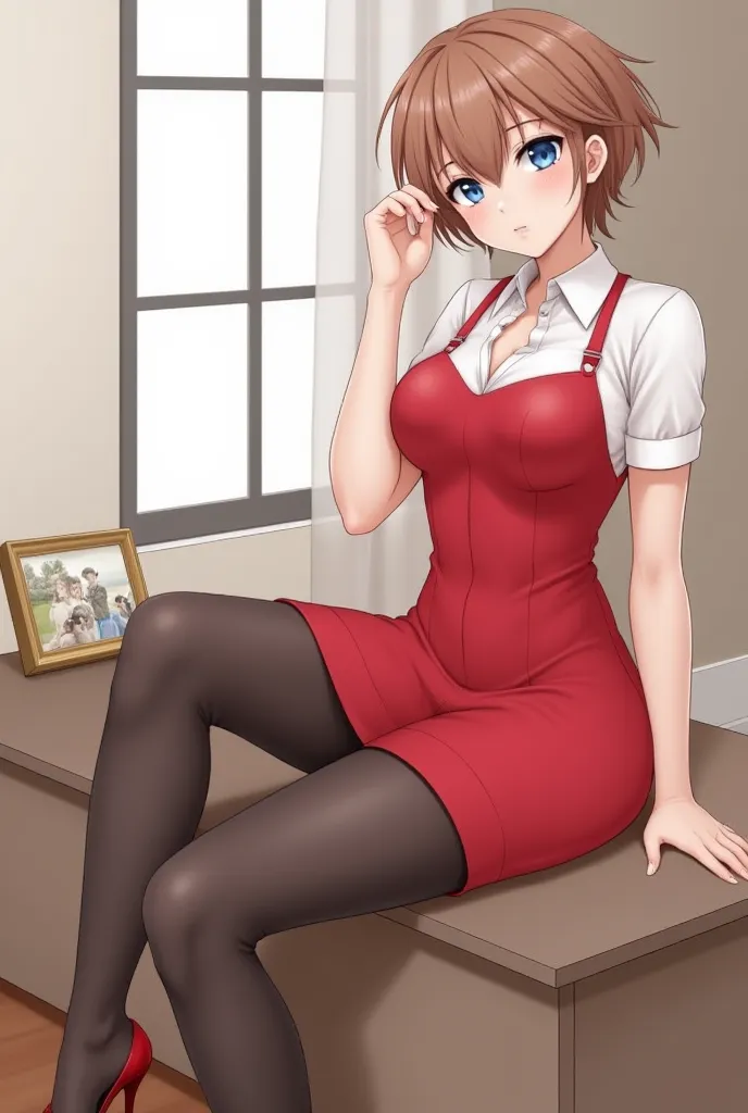 1girl, High Resolution, hazel hair, piercing blue eyes, short hair, medium breast, elegant, seductive, light make up, tight red dress, nylon pantyhose, high heels, sitting on desk, legs crossed, small penis bulge