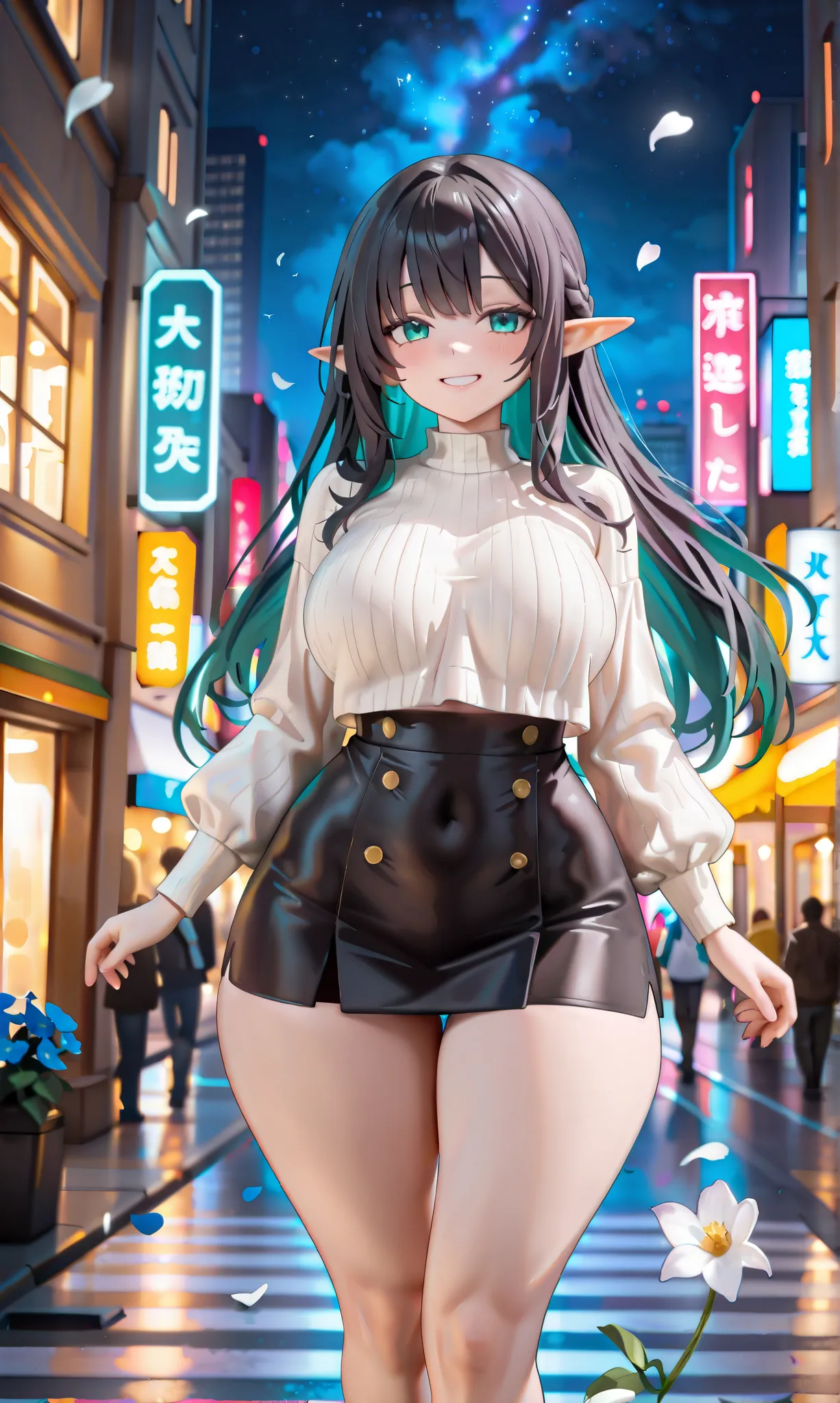 detailed image, beautiful image, an elf, dark hair, long hair, turquoise eyes, large breasts, short black waist, wide hips, thick thighs. She is wearing with a crop top, mini skirt, walking on a street, smiling, surrounded by a cityscape, falling flower pe...