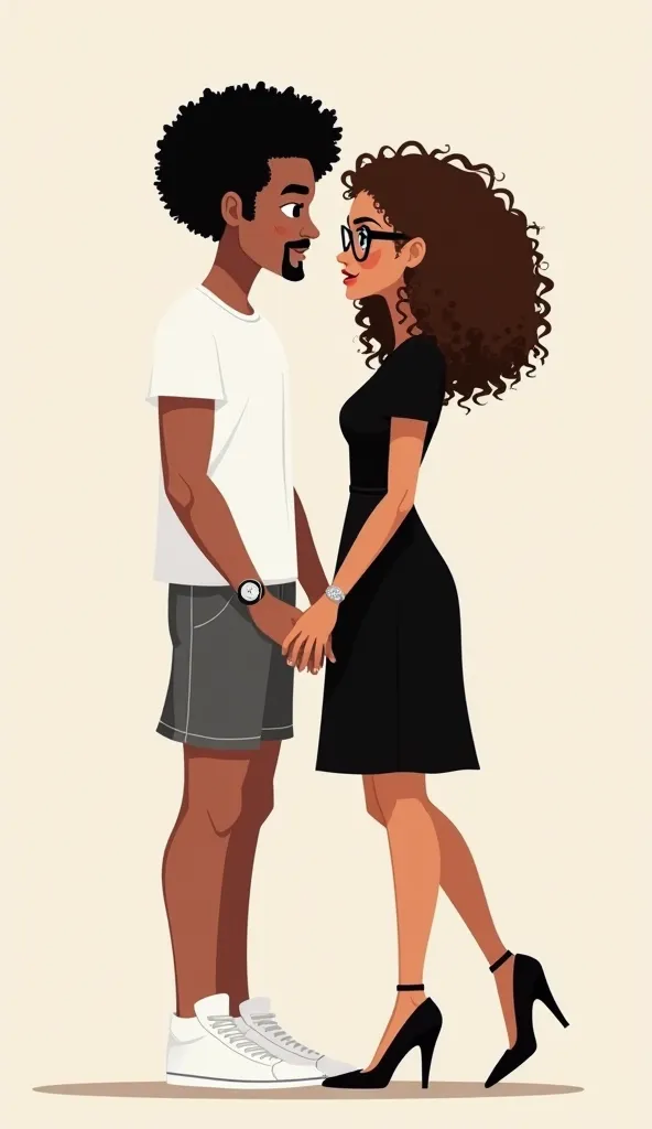 Create wallpaper art in the style of a WhatsApp conversation between a couple. The man has curly black hair,  white skin,  wears a white t-shirt, shorts preto, white sneakers and a silver watch. The woman has curly and brown hair, brown skin,  wears round ...