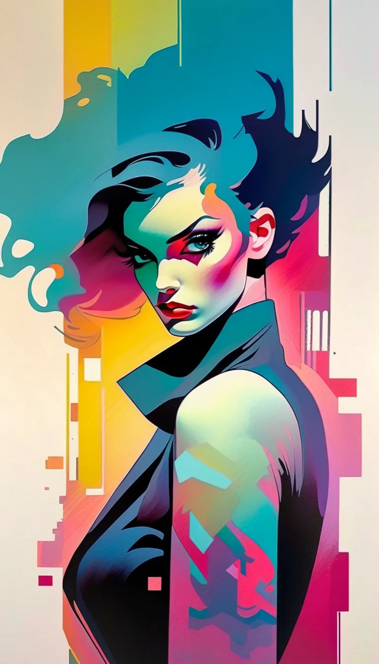 Cyberpunk illustration of an elegant woman with a jacket and full body tie from the 1980s, beauty of the concept art of the Riot Games, strange, the flux-wrapped model, thick oil painting, by Hannah Dale, by Harumi Hironaka,  extremely soft colors , vibran...