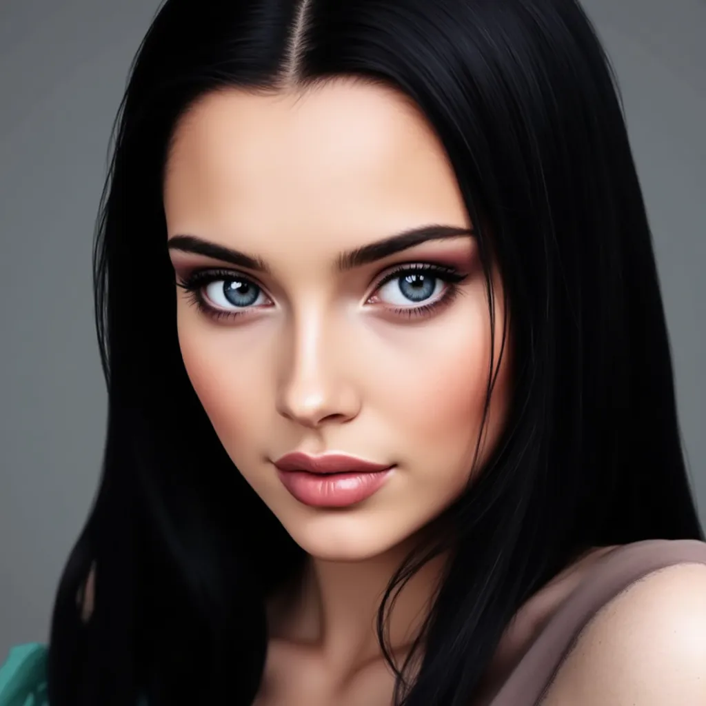 (masterpiece, best quality:2.0), (frontal close-up face photo:1.8), (heart face shape:2.0) (young woman:2.0), (long straight black hair:2.0), (blue eyes:2.0), (light makeup 2.0), (realistic skin texture and real details:2.0), (looks like Dove Cameron:2.0)
