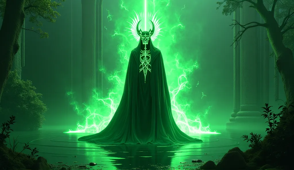 Green energy shadow dressed in a robe covering a hieroglyphic neon face, Neon dress suit tattoo on fairytale land in the calm forest lake, neon green aura coming out of it, neon green energy coming out of it, Neon green soul coming out of it, Mato Temple
