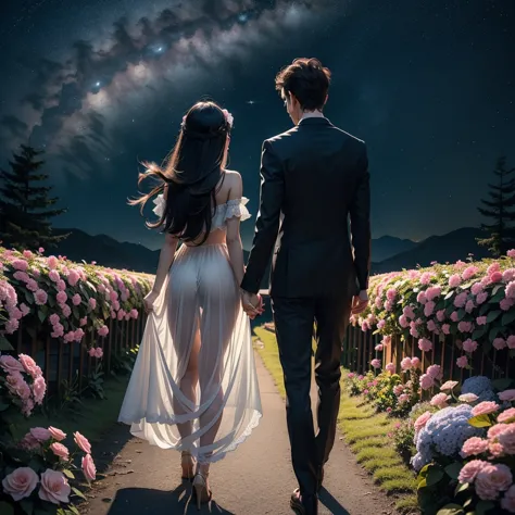 ((Highest quality)), ((masterpiece)), ( exhaustive),  beautiful starry sky、The back silhouette of a man and woman in love holding hands is displayed in a very small, completely dark place in the center of the screen、Beautiful colorful flowers are blooming、...