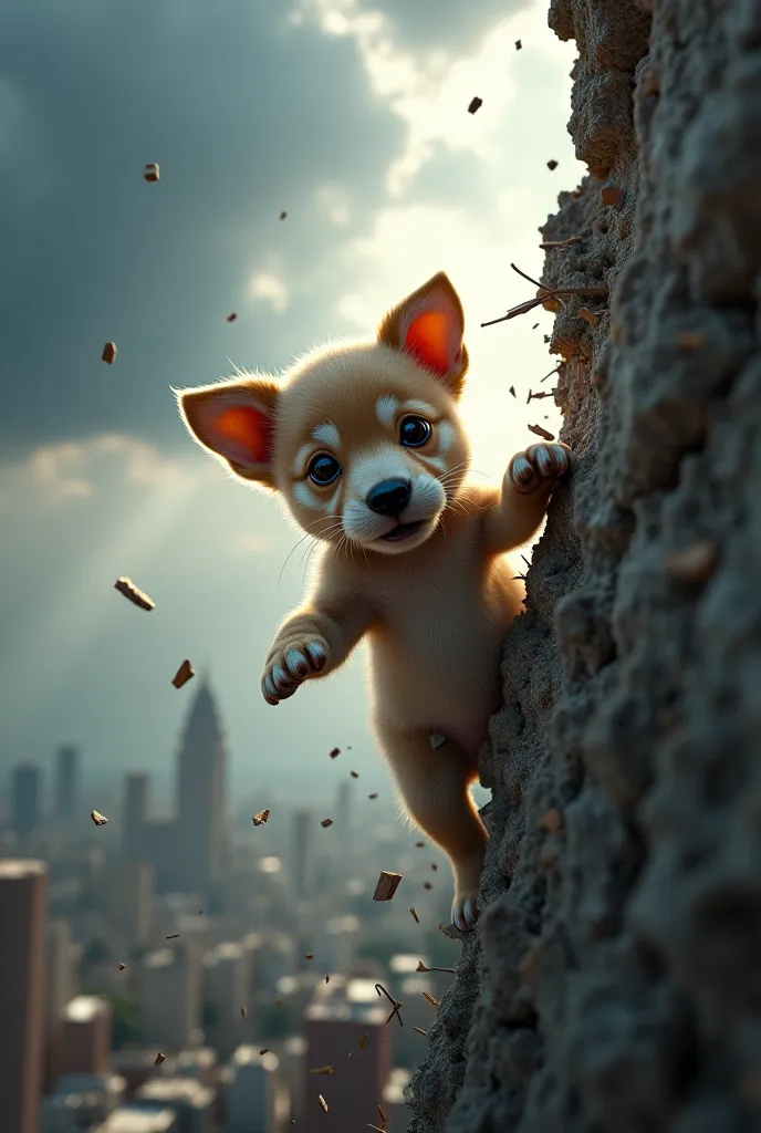 Create a highly detailed, cinematic digital painting of a small, adorable puppy clinging desperately to the edge of a crumbling building. The structure appears on the verge of collapse, with jagged, falling debris and fractured concrete highlighting its de...