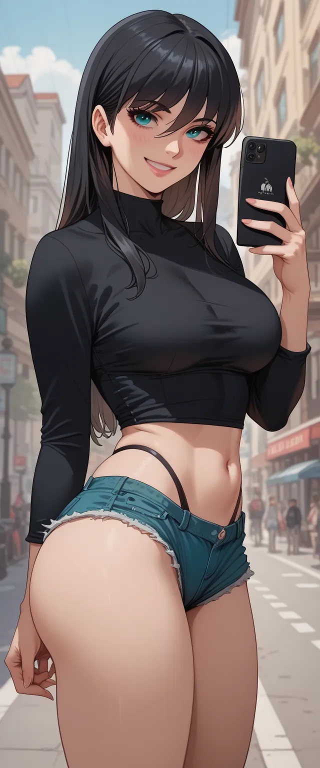 ultra-detailed, 1girl, SIA_OWI, ((masterpiece)), (best quality), (highres), 16K, perfect face, long hair, black hair, aqua eyes, wearing black shirt, bootyshorts, thong, busty body, large breasts and a sexy ass, showcasing cleavage, legs, hips, looking at ...