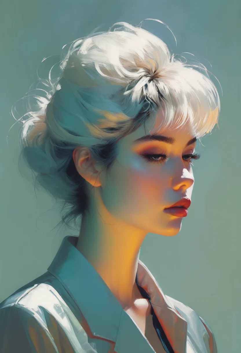 (masterpiece, 4K ,ultra detailed),illustration, (portrait:1.2), (Minimalism:1.4), (clean:1.4),  CCDDA Artstyle, james jean, 1 woman, Minimalism, .( art inspired by Bill Sienkiewicz, intricate details, OIL PAINTING)elegant 1980s, Jacket and tie beauty of th...