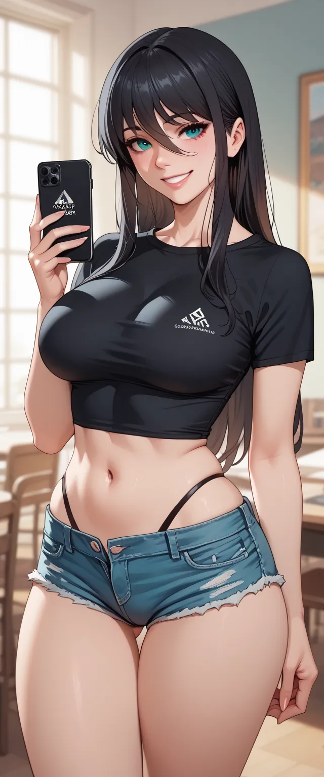 ultra-detailed, 1girl, SIA_OWI, ((masterpiece)), (best quality), (highres), 16K, perfect face, long hair, black hair, aqua eyes, wearing black shirt, bootyshorts, thong, busty body, large breasts and a sexy ass, showcasing cleavage, legs, hips, looking at ...