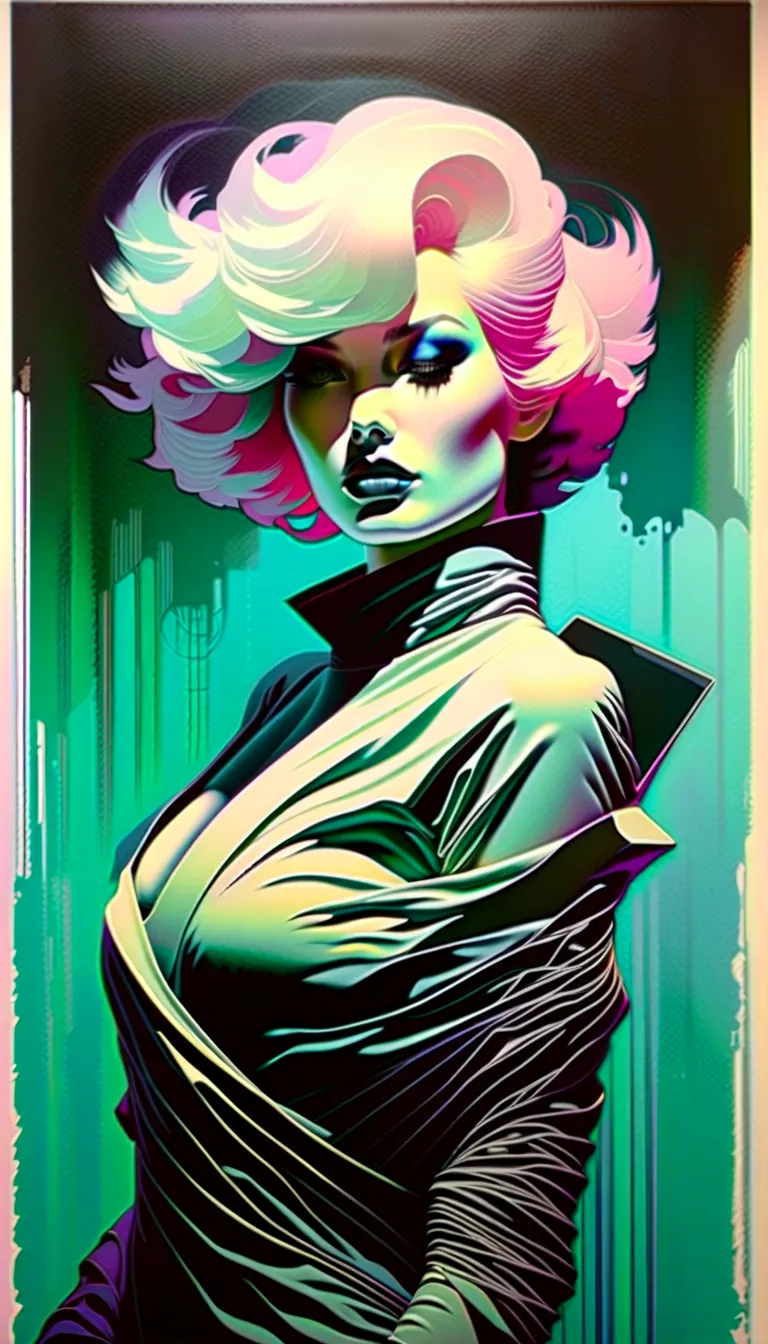 Cyberpunk illustration of a full-body elegant woman from the 1980s, beauty of the concept art of the Riot Games, strange, the flux-wrapped model, thick oil painting, by Hannah Dale, by Harumi Hironaka,  extremely soft colors , vibrant, highly detailed,  pa...