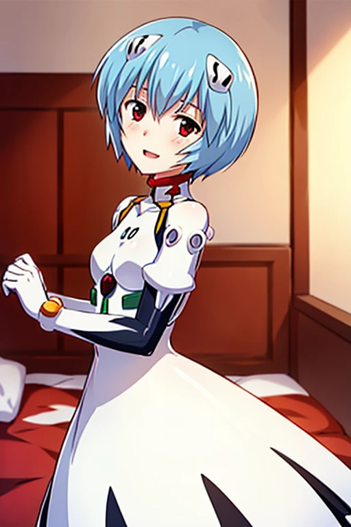 ((Highest quality)), ((masterpiece)), (be familiar with), perfect face, indoors, bedroom, watching viewers,
One woman, Rei Ayanami,
open mouth, ecstatic expression, blush, smile,
 small tits, flat chest, Young girl,  lori,  ,  girl,
Short Hair, short hair,...