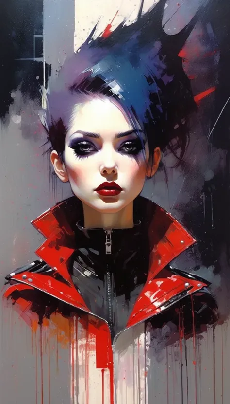 a dark and moody cyberpunk woman,  fair skin, red punk rock jacket gothic makeup, dramatic expression, mysterious and minimalist background,  elegant and avant-garde , OIL PAINTING, night scene (inspirado por Bill Sienkiewicz)