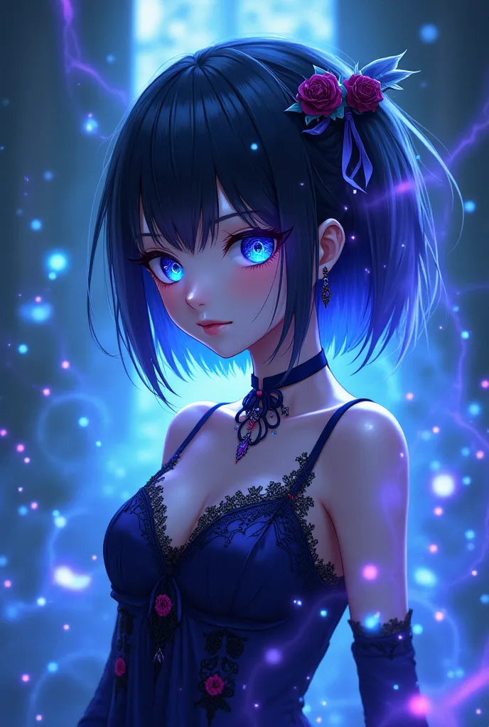 anime character dress with vampire type of dress With Phantom ghost and other type of Vibe the character head a blue and violet colour in some Eyes that dress up should be digital timeline in modern 