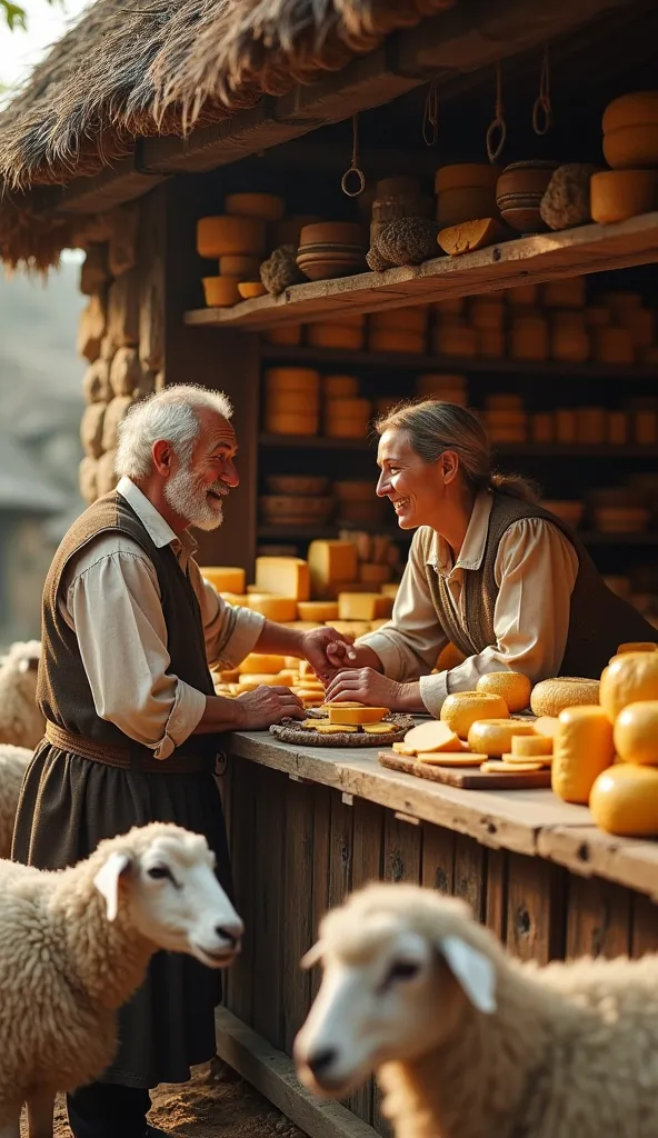 Photorealistic medieval village scene with warm, cosy atmosphere. An elderly man in simple peasant attire exchanges fresh food, country cheese with a kind woman, standing behind a wooden counter, full of different types of cheese and bread. Their faces glo...