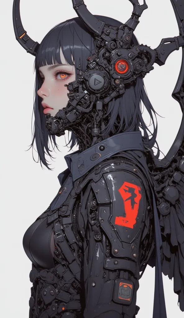  Female model with large wings 、Close-up view of a ,    girl, female lock, Girl in cybernetic armor Mecha ,  Aoshima Chiho color scheme  ,  Angular Winged Armor  , sharp details,   Mecha action figure  ,  by maciej kuciara ,  There is a house made of sushi...