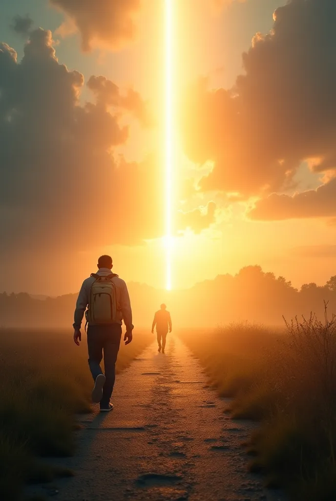 “A serene landscape at dawn, with a solitary walker who walks along an illuminated path. about him, a shining light descends, representing divine guidance in your life. in your hands, Drop a heavy backpack, symbolizing the giving of your burdens to God.”