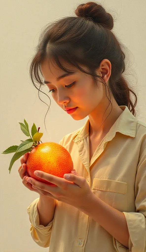 person holding and looking at a fruit showing intricate textures, vibrant colors and normally unnoticed details