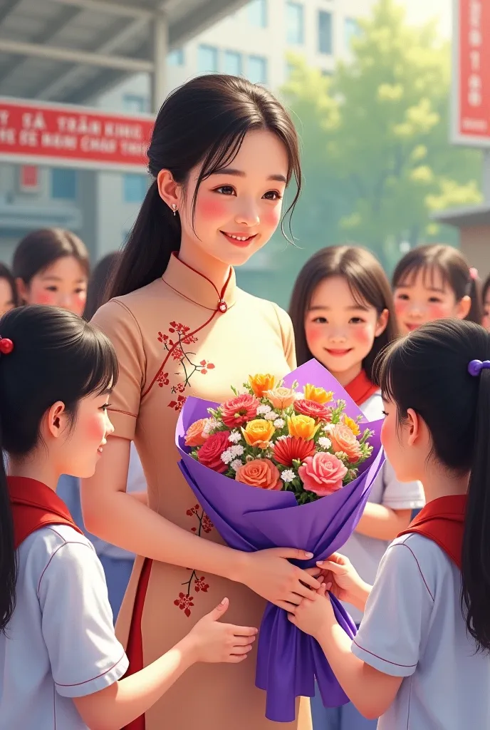 (A warm school watercolor, in which a female teacher wearing a traditional Vietnamese ao dai: 1.0), decorated with delicate floral motifs, receives a bouquet of flowers from a group of young students. The students (in white uniforms with red scarves: 1.0),...