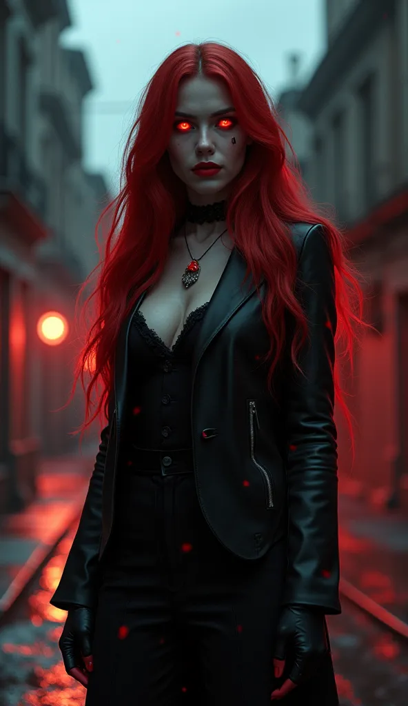 A tall woman in her 30s, beautiful, seductive and mysterious, a woman who has red eyes , red hair and elegant haircut , very feminine curvaceous and voluptuous model appearance.  In a dark and cloudy environment .  with a black leather jacket . And a red a...