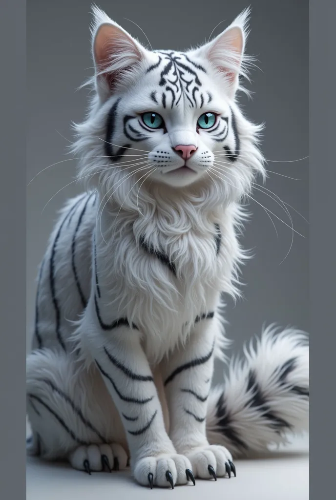 

"Create a hyper-realistic image of a fluffy white cat with bright green eyes, showcasing its soft fur with pink, blue, green, and purple accents. The cat should have a playful expression and be positioned in a cozy setting, with a soft blanket or cushion...