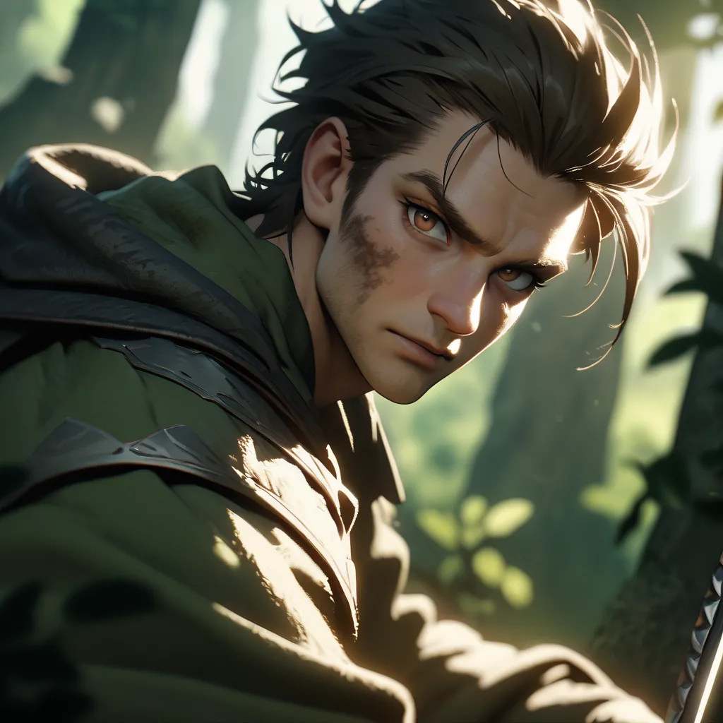 masterpiece, best quality, game cg, race goblin, 1men, solo, male focus, looking at viewer, depth of field, back hair, brown eyes, ranger, medieval,