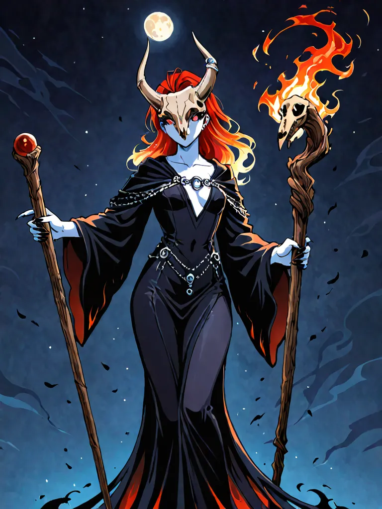 Disney 3D cartoon she is a tall girl with thick red hair and white skin bright red eyes and claws and with an animal skull mask, on face , dressed as a shaman with a full-length staff pose night 🌃