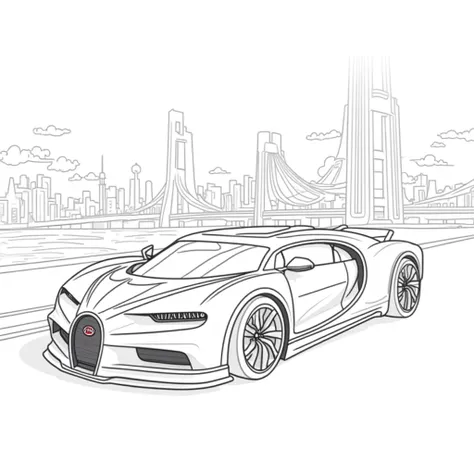 "Create a high-quality, black-and-white outline illustration of a Bugatti Bolide  in a bold, clean line-art style. The car should be positioned dynamically, showcasing its sleek and intricate design with precise, sharp outlines. The background must feature...