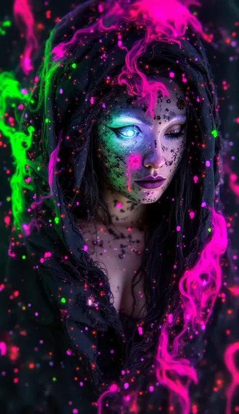 1 fille, beautiful magnifique ebôny girl beautiful eyes clair avec des cheveux long des. tatouage sur le visage et le corps multicolors grafitti psychedelic luminescents phosphorescent fluo colorful fantasy Surrealism exotique