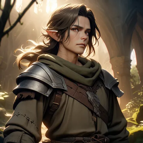 masterpiece, best quality, game cg, race goblin, 1men goblin, solo, male focus, looking at viewer, depth of field, back hair, brown eyes, ranger, medieval,